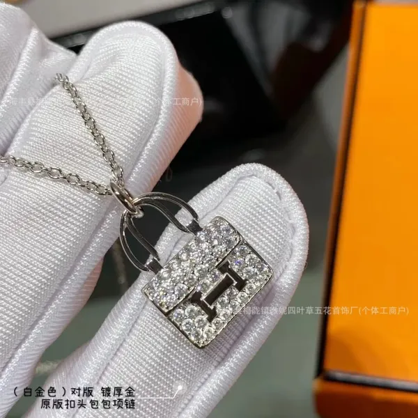 Hermès Padlock Pendant Necklace White Gold Tone Crystal-Embellished Lock Charm Jewelry - 1