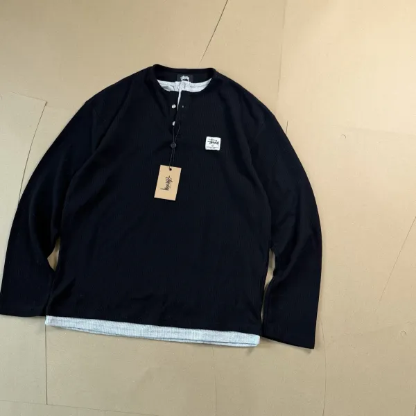 Stussy Ribbed Henley Long Sleeve Black Top - 1