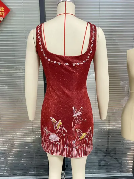 Design Sidian Form Fairy Garden Embroidered Green Glitter Mini Dress - 13
