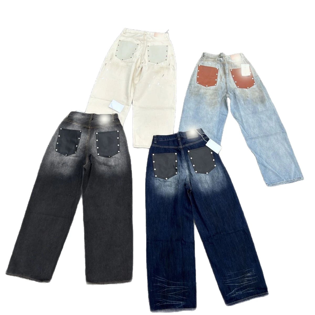 Studded Pocket Wide Leg Denim Jeans