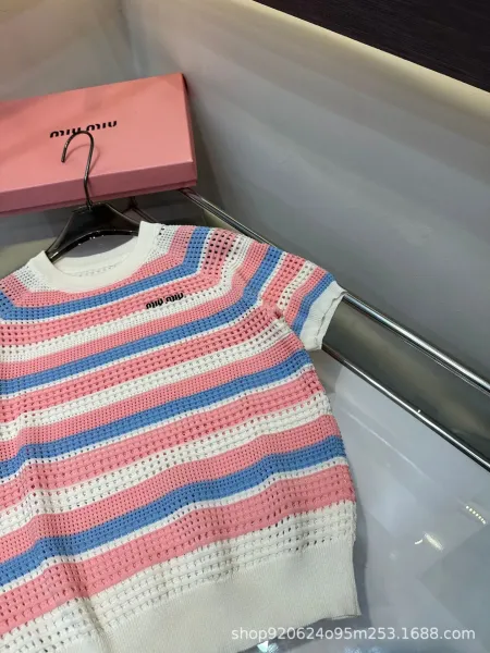 Miu Miu Striped Knit Mesh Top Pink Blue White Sweater - 3