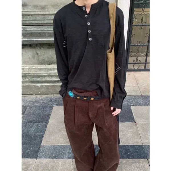 Design Henley Shirt with Embroidered Lines Black Tops Shirt - 5