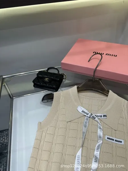 Miu Miu Knit Vest Top with Logo Ribbon White Vest-Top - 6