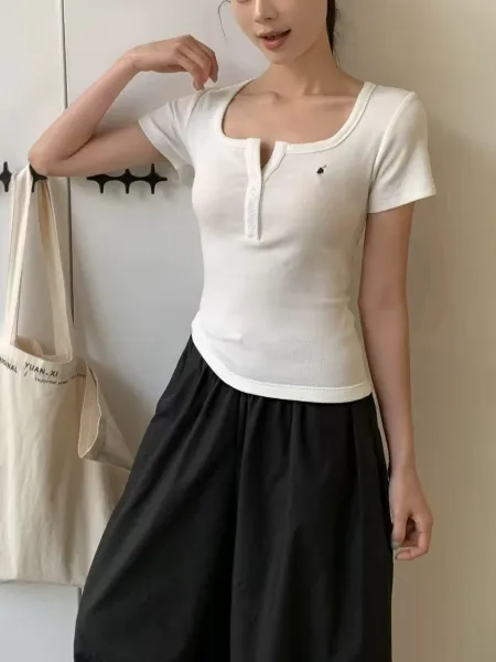 Fred Perry Henley Ribbed Knit T-Shirt Light Blue Tops Polo - 14