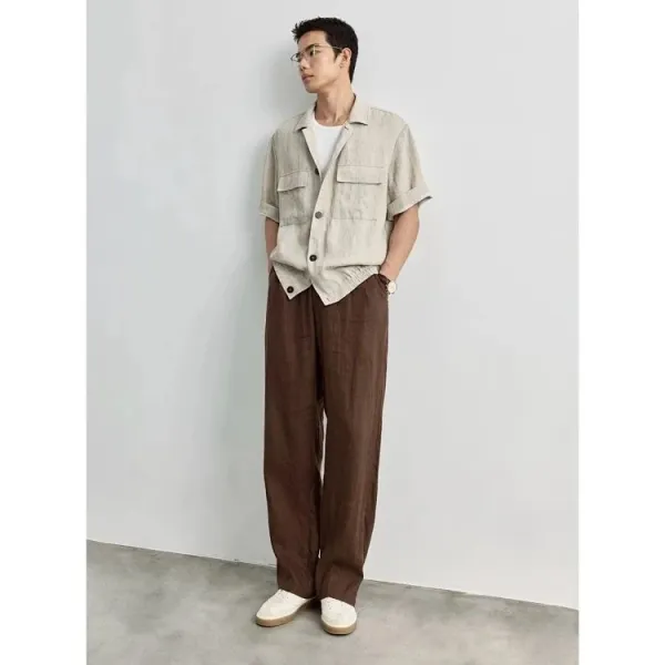 Design Wide-Leg Linen Blend Trousers Brown Pants - 12