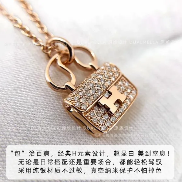Design Mini Bag Pendant Necklace Pink Cubic Zirconia Gold-Plated Chain Jewelry - 11