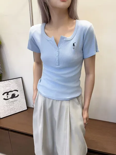 Fred Perry Henley Ribbed Knit T-Shirt Light Blue Tops Polo - 1