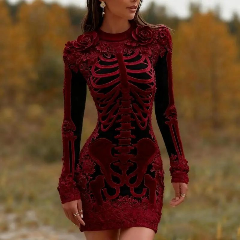 Skeleton Embroidered Black Red Floral Mini Dress