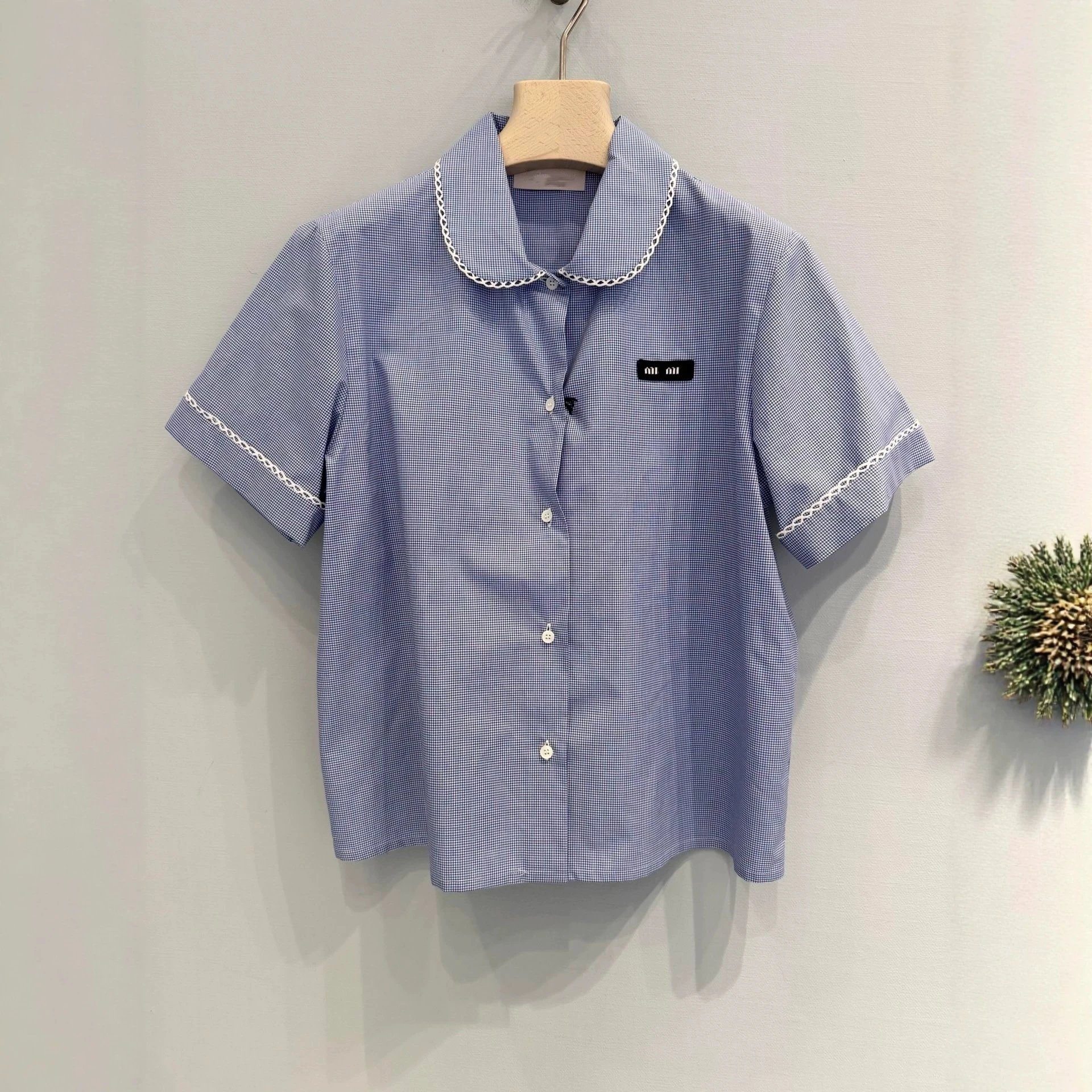 Miu Miu Blue Gingham Lace Collar Shirt Dress
