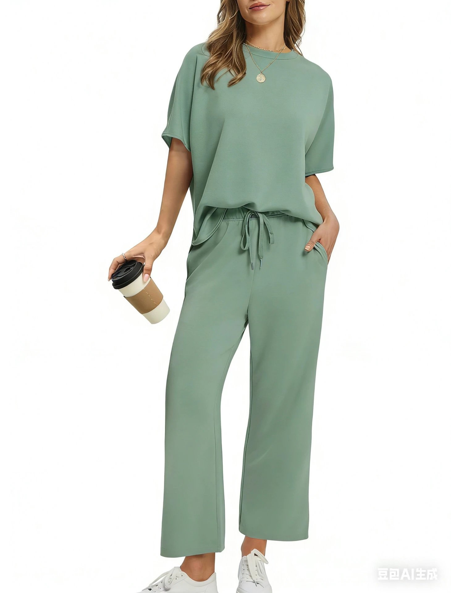 Design Relaxed Fit Cropped T-Shirt and Wide-Leg Pants Set Olive - 35
