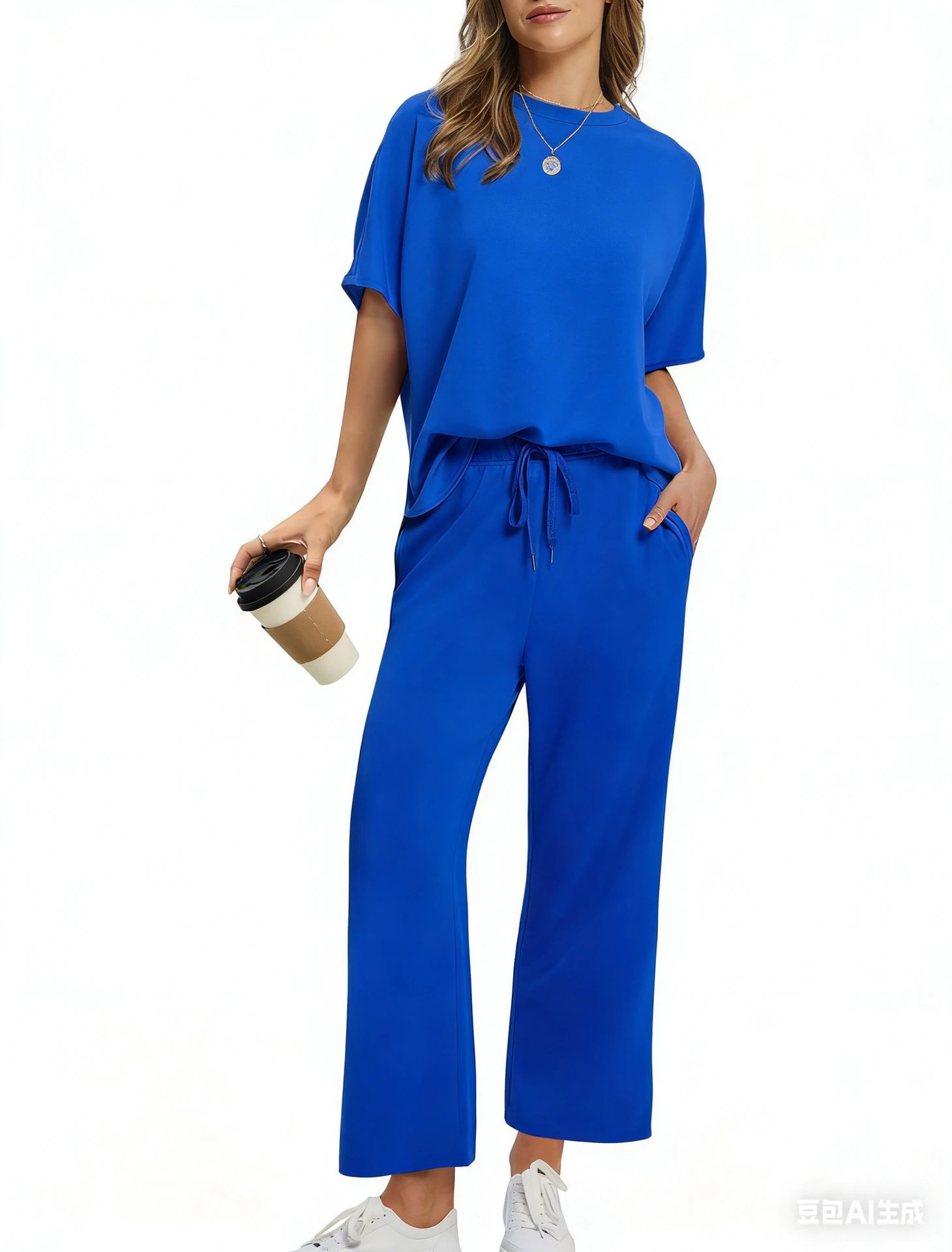 Design Relaxed Fit Cropped T-Shirt and Wide-Leg Pants Set Olive - 40