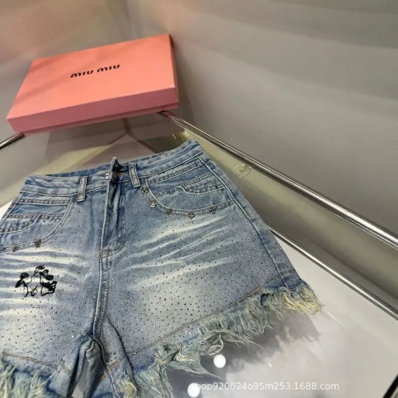 Miu Miu Denim Shorts Light Blue Embellished Frayed Hem