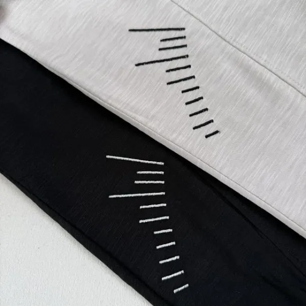 Design Henley Shirt with Embroidered Lines Black Tops Shirt - 26
