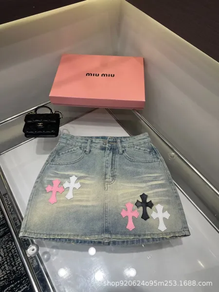 Miu Miu Cross-Embellished Denim Mini Skirt Light Wash - 3