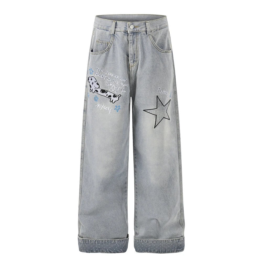 Design Wide-Leg Distressed Denim Jeans with Graphic Print Light Blue Jeans