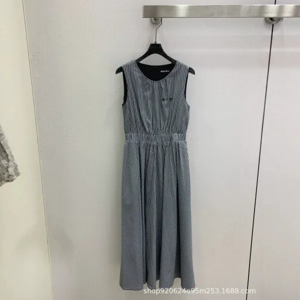 Miu Miu Striped Sleeveless Midi Dress Gray - 1