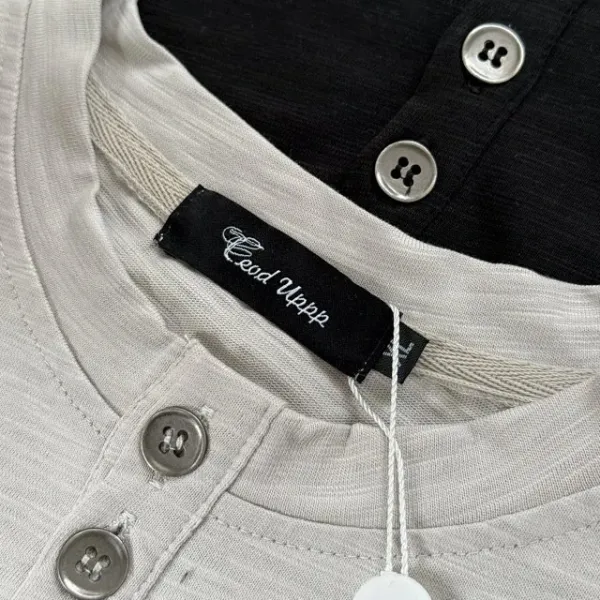Design Henley Shirt with Embroidered Lines Black Tops Shirt - 36