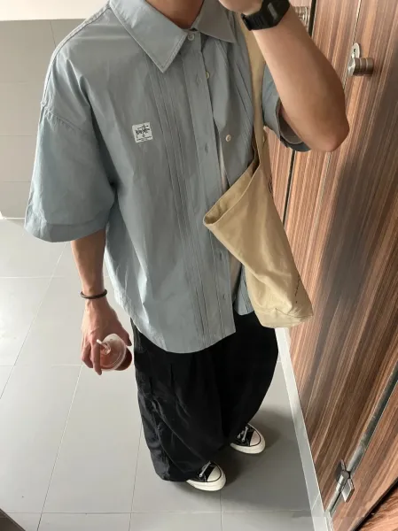Stussy Pleated Short-Sleeve Shirt in Seafoam Green and White - 2