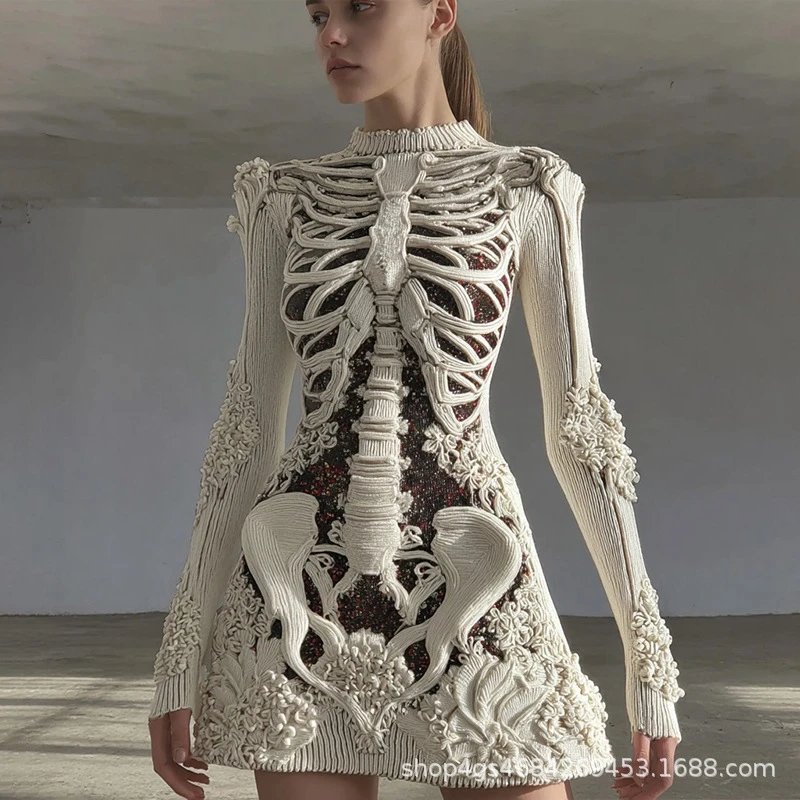Design Skeleton Knit Mini Dress White