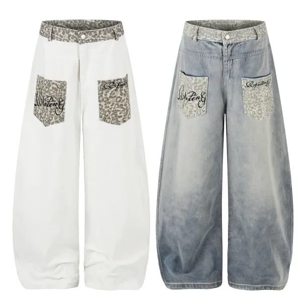 Design Wide-Leg Distressed Denim Jeans with Leopard Print Pockets - 2