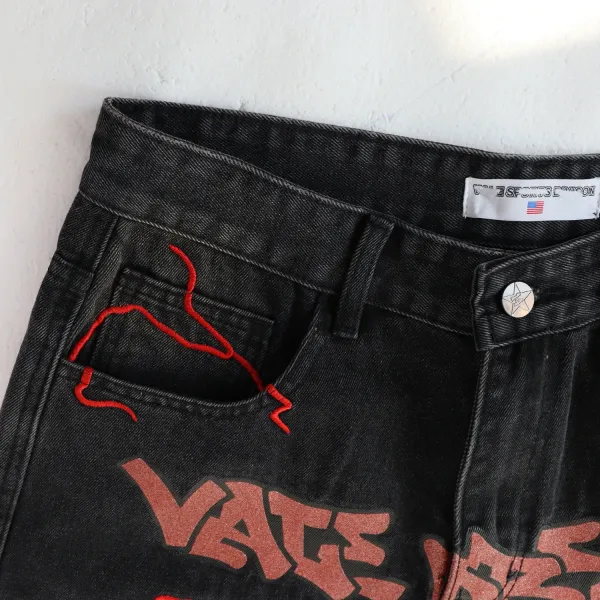 Design Lightning Embroidered Black Denim Shorts - 7