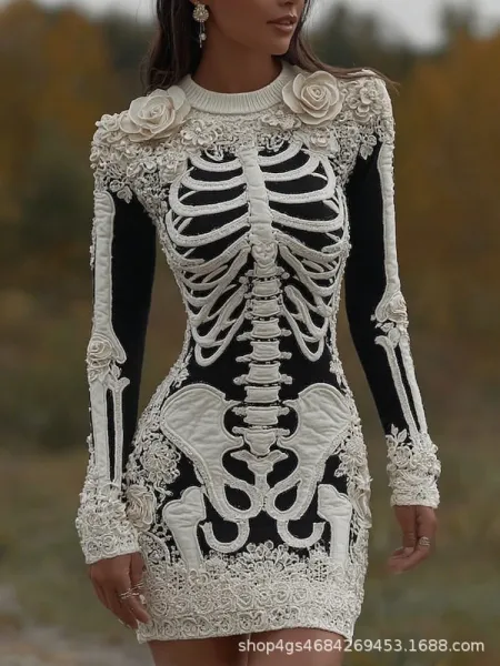 Design Skeleton Lace Mini Dress Pink and Black - 8