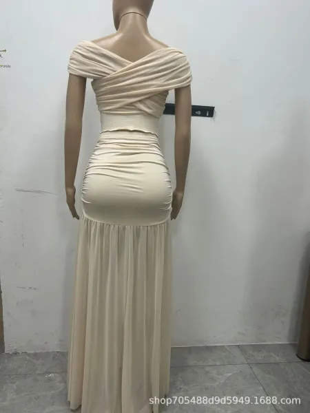 Design Off-Shoulder Draped Crop Top and Pleated Maxi Skirt Set Beige - 13