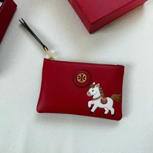 Tory Burch Horse Charm Zip Pouch Red Clutch Clutches - 10