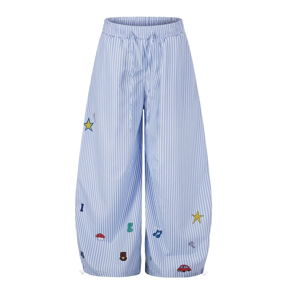 Design Wide-Leg Striped Pants with Embroidered Motifs Blue