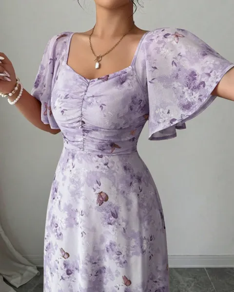 Design Floral Print Puff Sleeve Square Neck Maxi Dress - 13