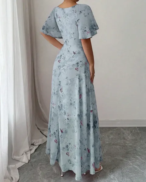 Design Floral Print Puff Sleeve Square Neck Maxi Dress - 25