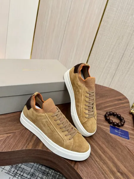 Design Santoni Brown Suede Knit-Neck Sneakers - 2