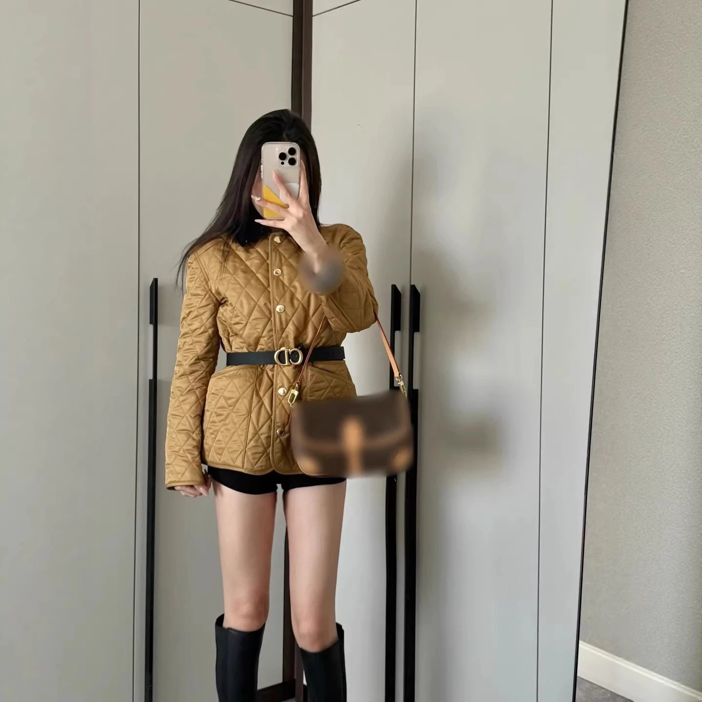 Quilted Short Jacket Camel Button-Up Military Style