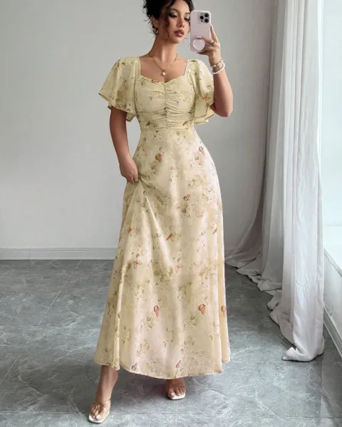Design Floral Print Puff Sleeve Square Neck Maxi Dress - 34