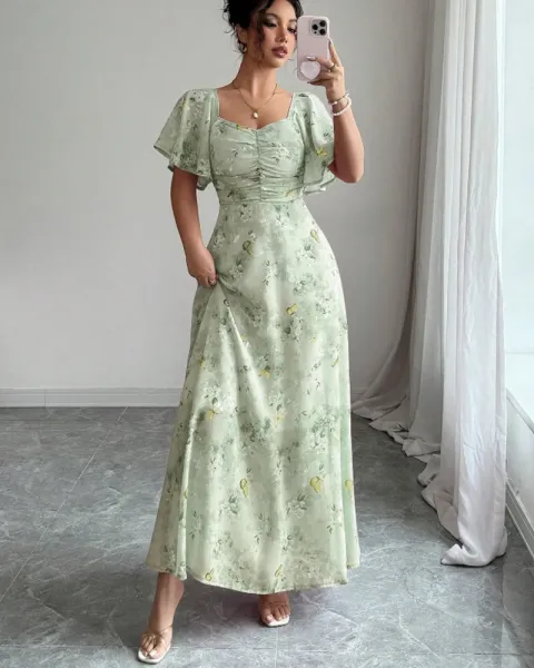 Design Floral Print Puff Sleeve Square Neck Maxi Dress - 38