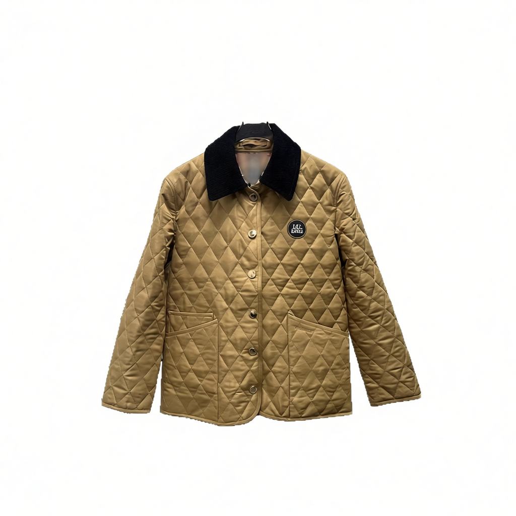 Quilted Short Jacket Camel Button-Up Military Style