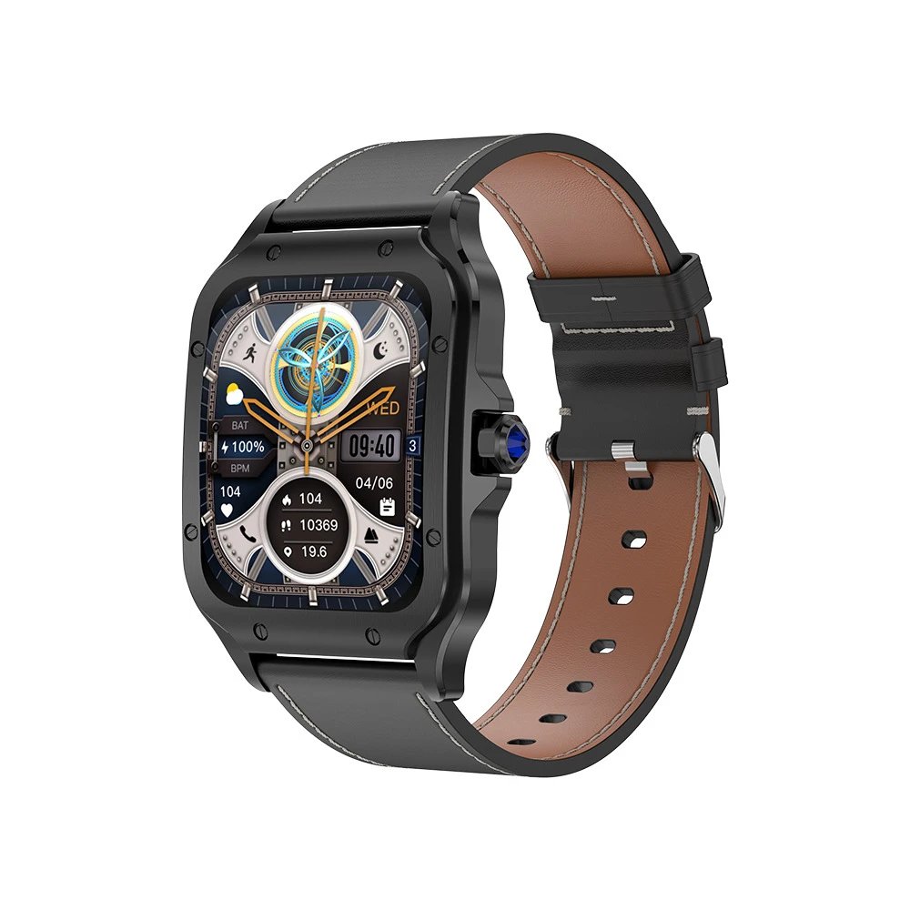 Design Smartwatch with Brown Leather Strap Black Case