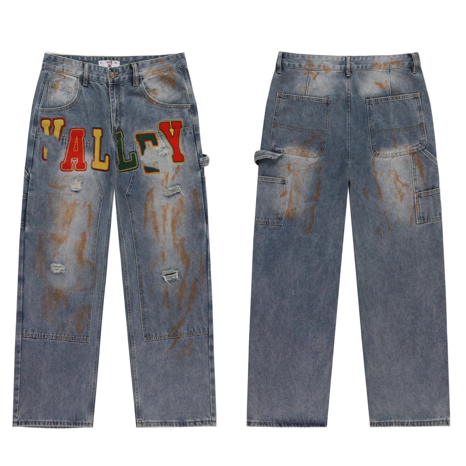 Design Valley Workwear Distressed Patchwork Jeans Blue Jeans