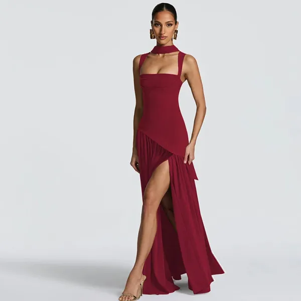 Design High-Neck Slit Gown Navy Formal Dress - 8