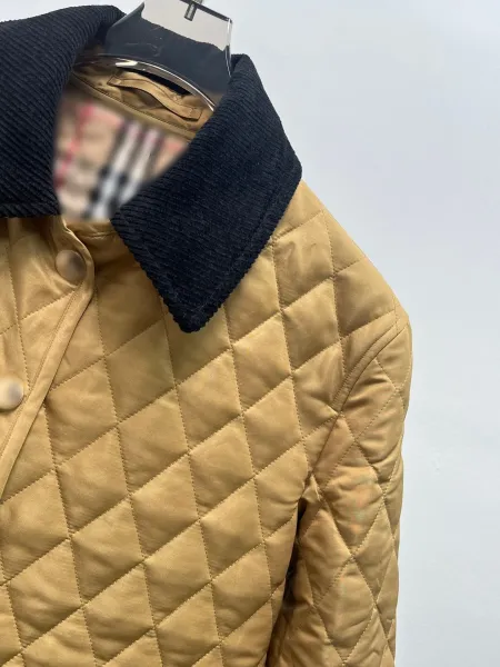 Design Quilted Jacket with Corduroy Collar Beige Outerwear - 13