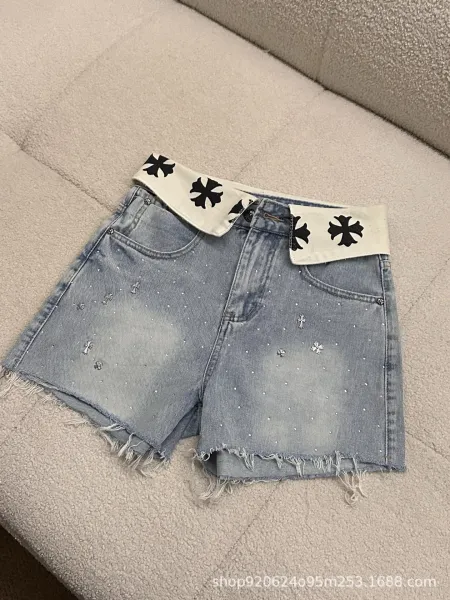 Chrome Hearts x Denim Shorts Light Wash with Cross Motif Waistband and Rhinestone Embellishments - 3