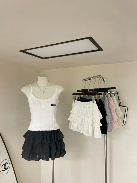 Design YOMO Tiered Knit Ruffle Skirt White Skirt - 13