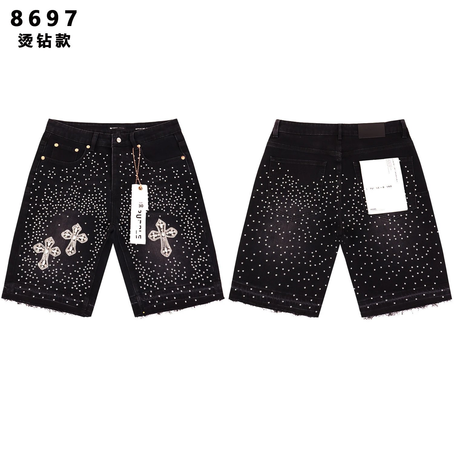 Purple Land Denim Shorts Blue And Black Rhinestone Cross Embellished