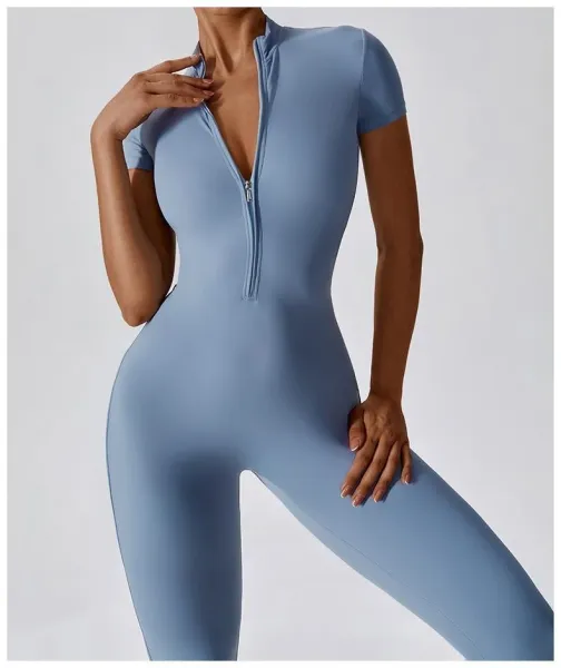Design Black Zip-Front High-Neck Bodysuit with Short Sleeves Activewear - 10
