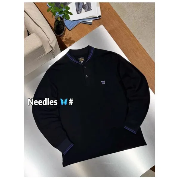 Needles Henley Long Sleeve Black Navy Trim Top - 1