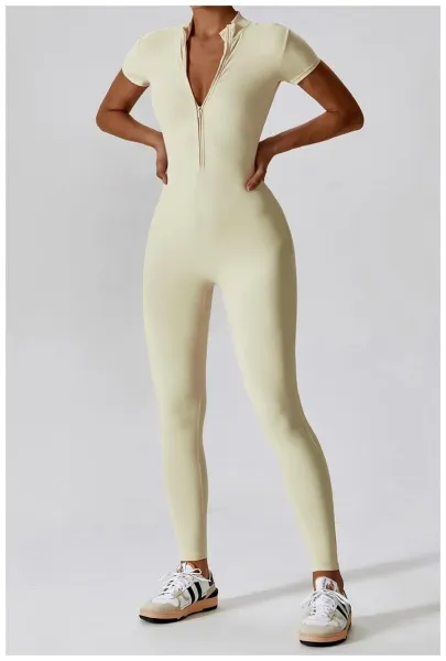 Design Black Zip-Front High-Neck Bodysuit with Short Sleeves Activewear - 14
