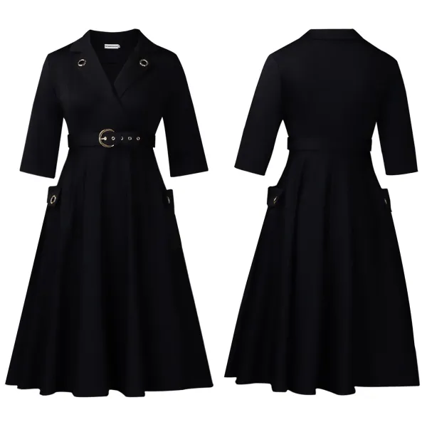 Design Trench-Style Wrap Dress in Navy with Belt - 54