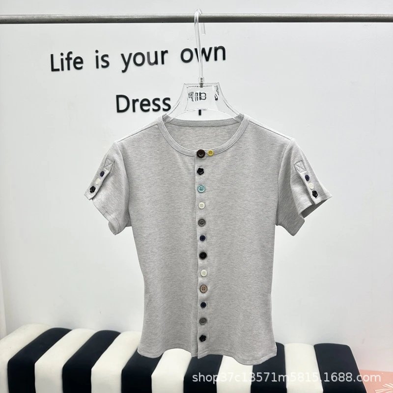 Button-Front Ribbed Knit Top Gray Olive Casual Short Sleeve T-Shirt