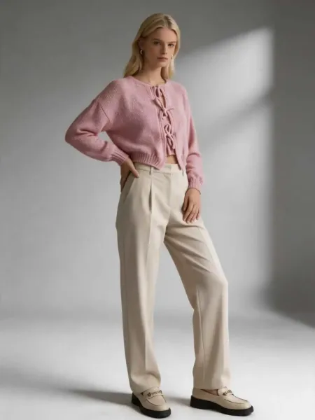 Design Lace-Up Knit Cardigan White + Beige Wide-Leg Pants Set - 3