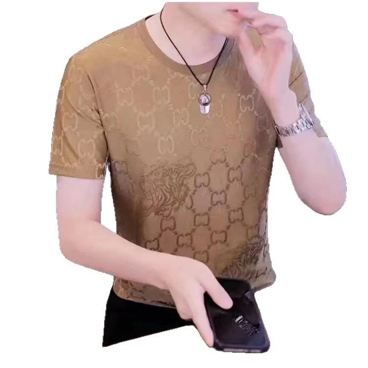 Gucci Inspired Gold Brown Monogram Print Crew Neck T-Shirt